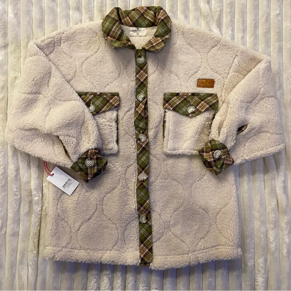 Simply Southern Cream Sherpa Shacket with Olive Plaid Trim